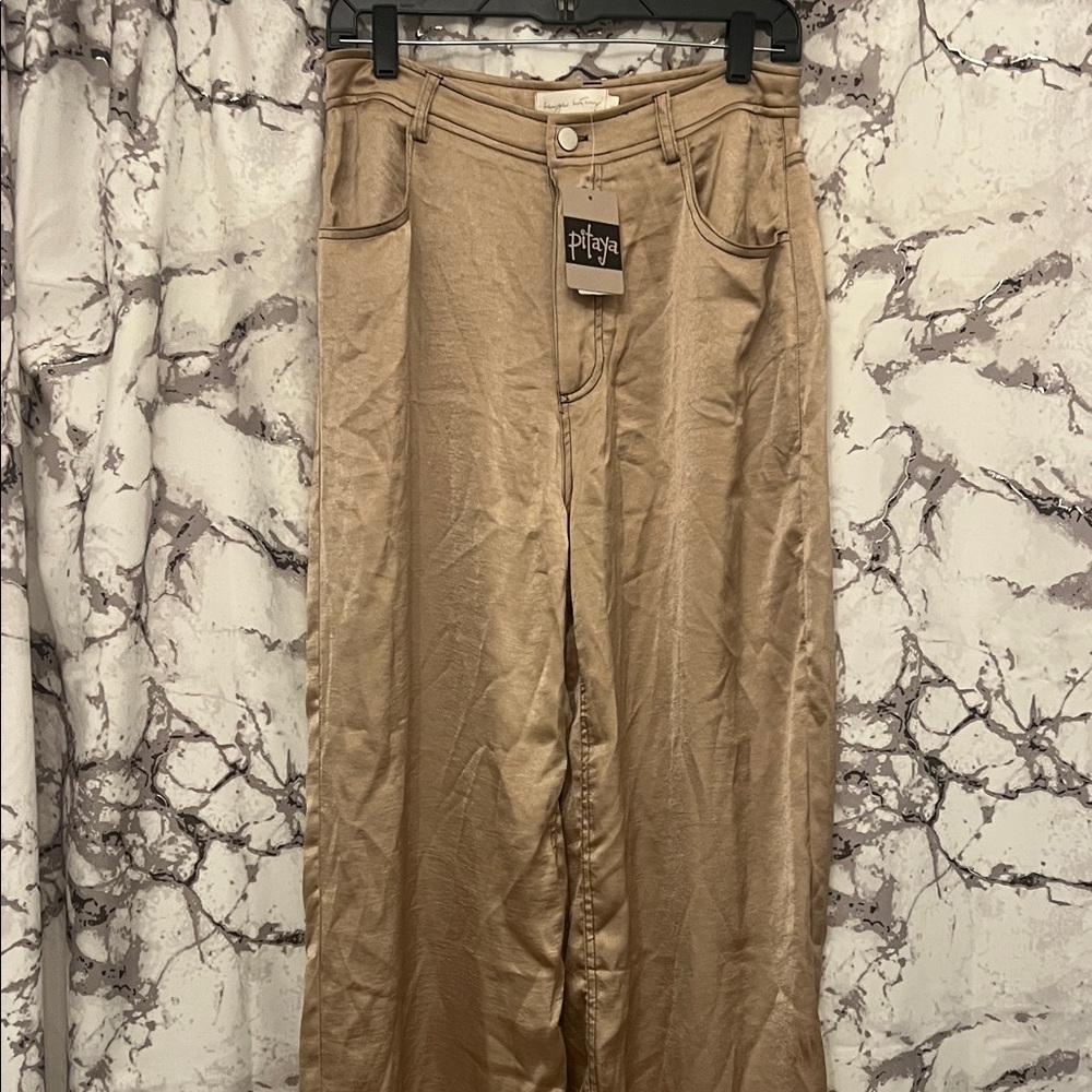Beige Wide Leg Satin Pants